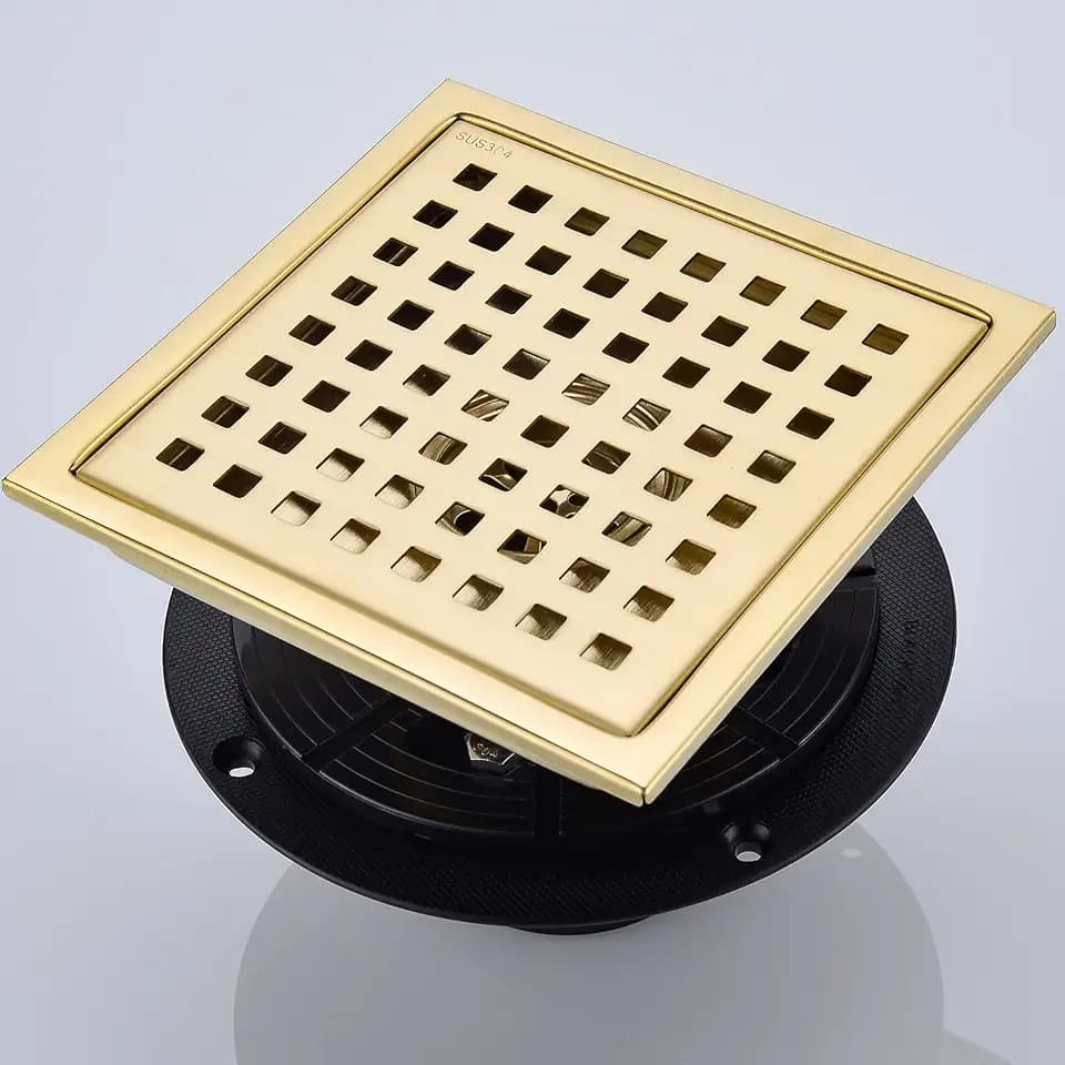 Shower Drain 6 Inch Brushed Gold,Stainless Square Shower Floor Drain Kit with Tile Insert Grate Removable Multipurpose Invisible Look or Flat Cover, with Threaded Adapter