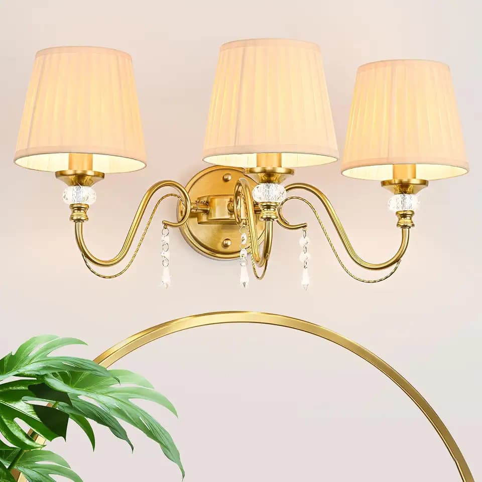 3-Light Vintage Gold Bathroom Vanity Light with Beige Fabric