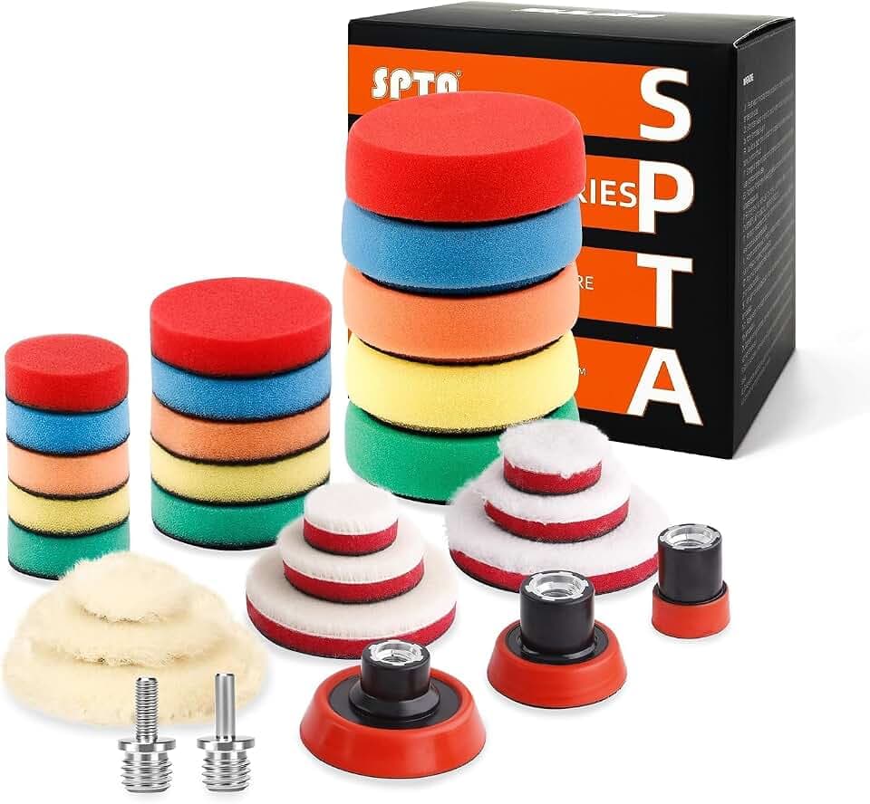 SPTA 29 Pcs Mini Car Polishing Pad Kit - 1", 2", 3" Sponge Foam Wool Microfiber Buffing Pads with 5/8"-11 Backing Plates & 5/8"-11 Drill Adapters for Auto Detailer, Scratch Removal & Tight Spaces