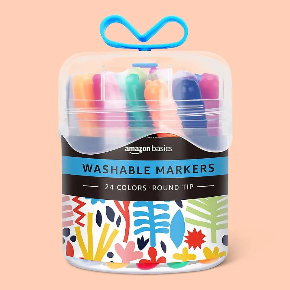 Amazon Basics Washable Markers for Kids, Round Tip Assorted Colors, Non-Toxic Drawing and Coloring School Supplies, Arts & Crafts, Pack of 24
