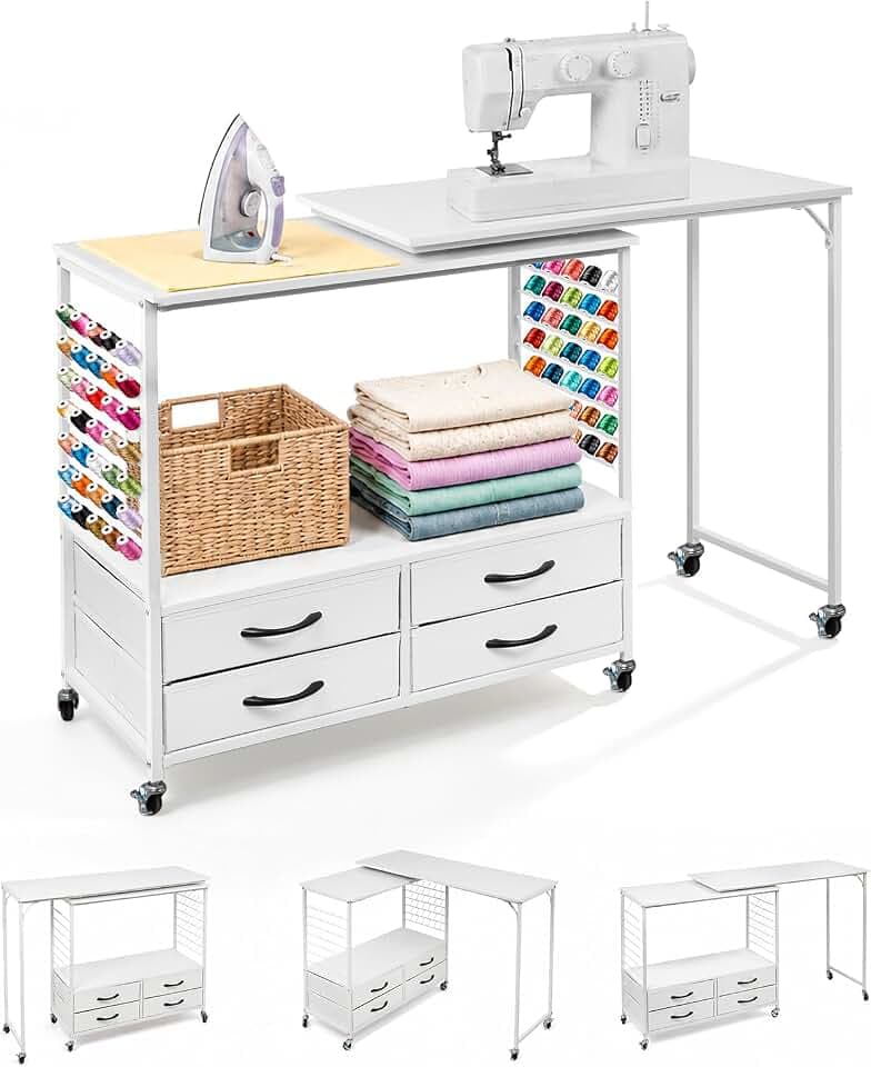 Sewing Table with Storage, 46.5'' Folding Sewing Table -70 Pegs, 4 Drawers