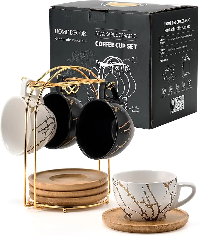HOME DECOR Keramik Cappuccino Tassen 4er Set, 220ml stapelbare Cappuccino Tassen und Untertasse mit Metallständer für Kaffeeliebhaber, Cappuccino, Latte, Americano und Tee -Schwarz&Weiß