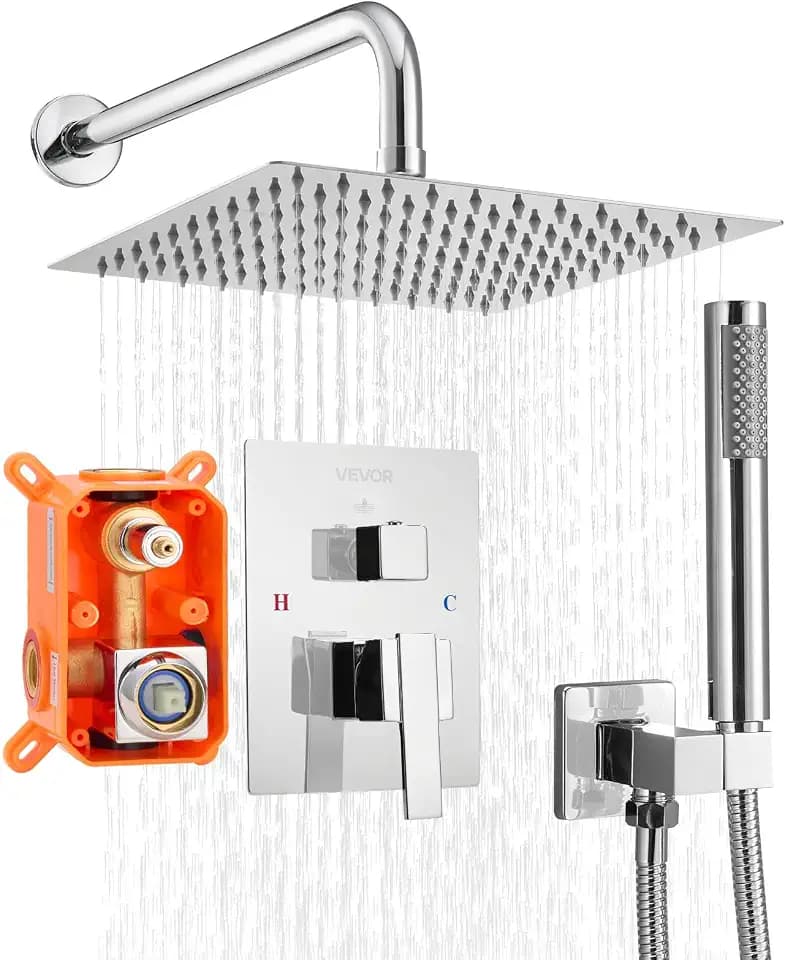 VEVOR Duscharmatur Regenduschsystem fürs Badezimmer Duschsystem mit 254 mm quadratischen Regenduschkopf & Handbrause, wandmontierte Badezimmerarmaturen mit Messingventil & Zierset, Silberchrom