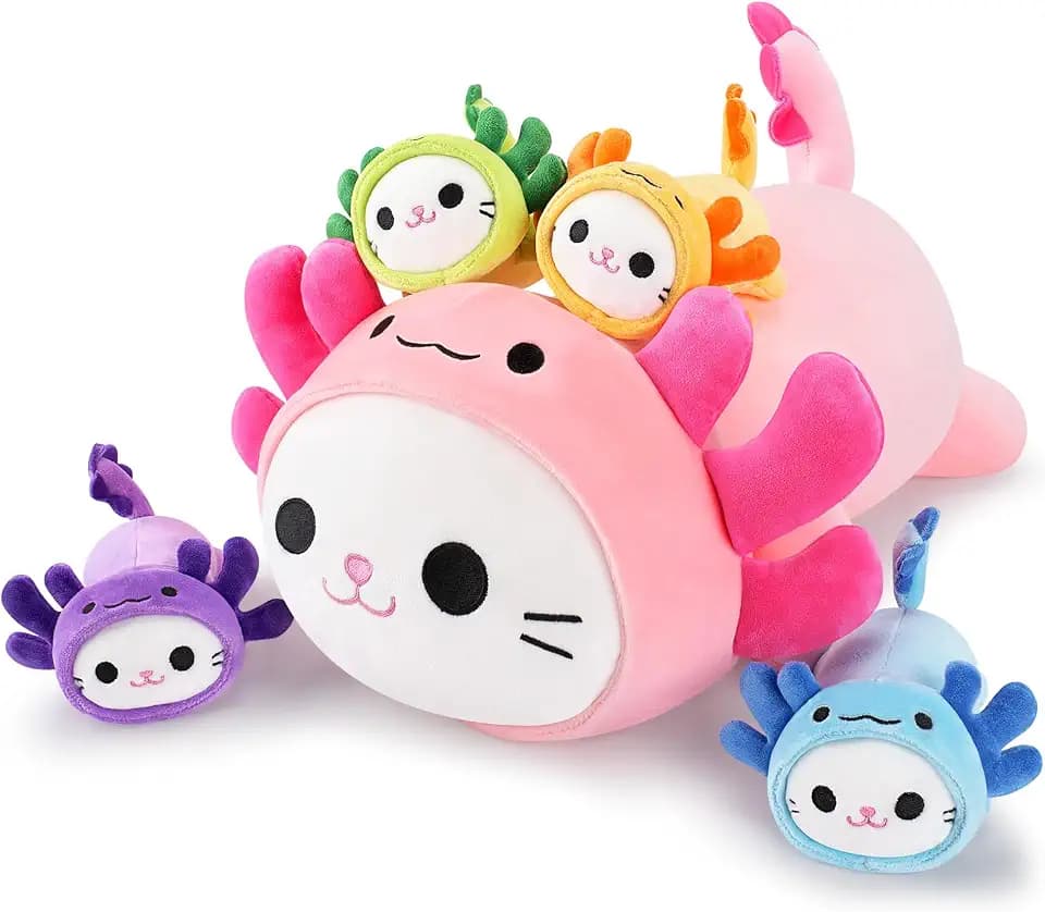 5 PCS Axolotl Cat Plush Stuffed Animal Family-19" Soft Axolotl Cat Plush, Large Mommy Plushies with 4 Baby Kittens Plushies for Kids, Kawaii Plushie Toy Christmas Birthday Gifts for Kids Boys Girls