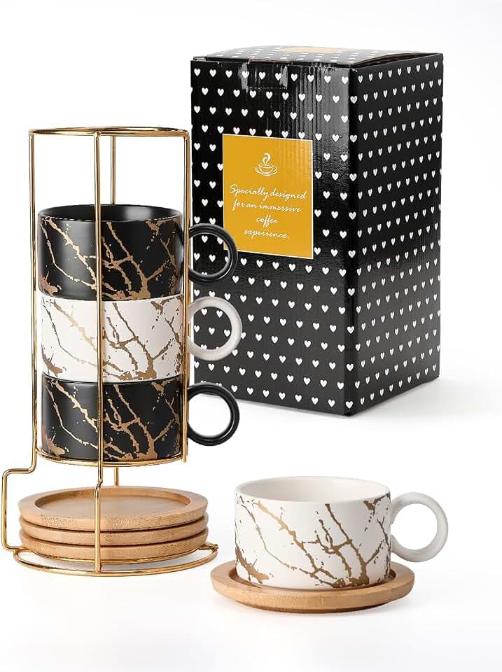 HOME DECOR Cappuccino Tassen Set - 4 x 160 ml Kaffeetassen mit Unterteller & Ständer - Edle Keramik Tassen für Espresso, Cappuccino und Latte - Marmor Kollektion