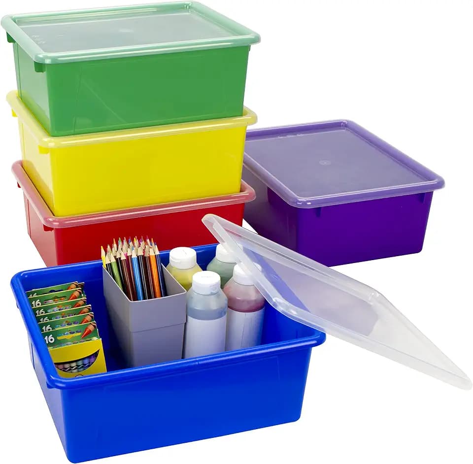 Storex Tiefe Aufbewahrungsablage in Briefgröße – Organizer Bin mit Anti-Schnapp-Deckel für Klassenzimmer, Büro und Zuhause, verschiedene Farben, 5er-Pack (62542A05C)