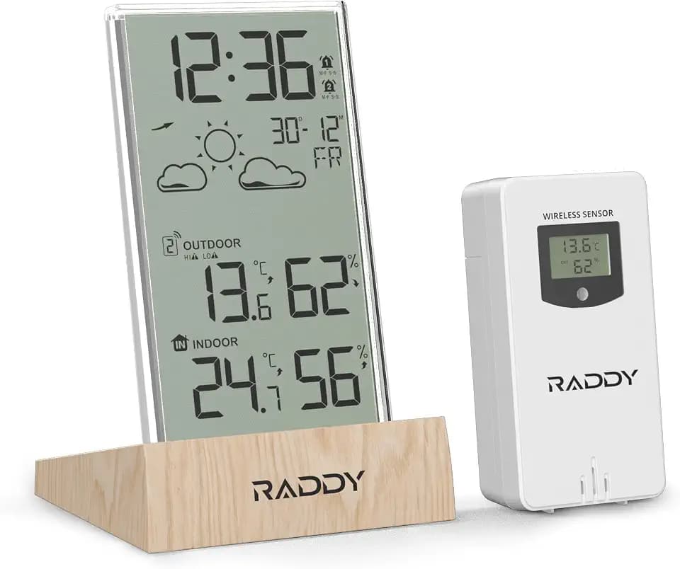 Raddy V5 Kabellose Wetterstation, Innen-/Außenthermometer & Hygrometer, 5" LCD Temperatur- & Feuchtigkeitsmonitor, Wettervorhersage & Fernsensor, Transparenter Acrylrahmen