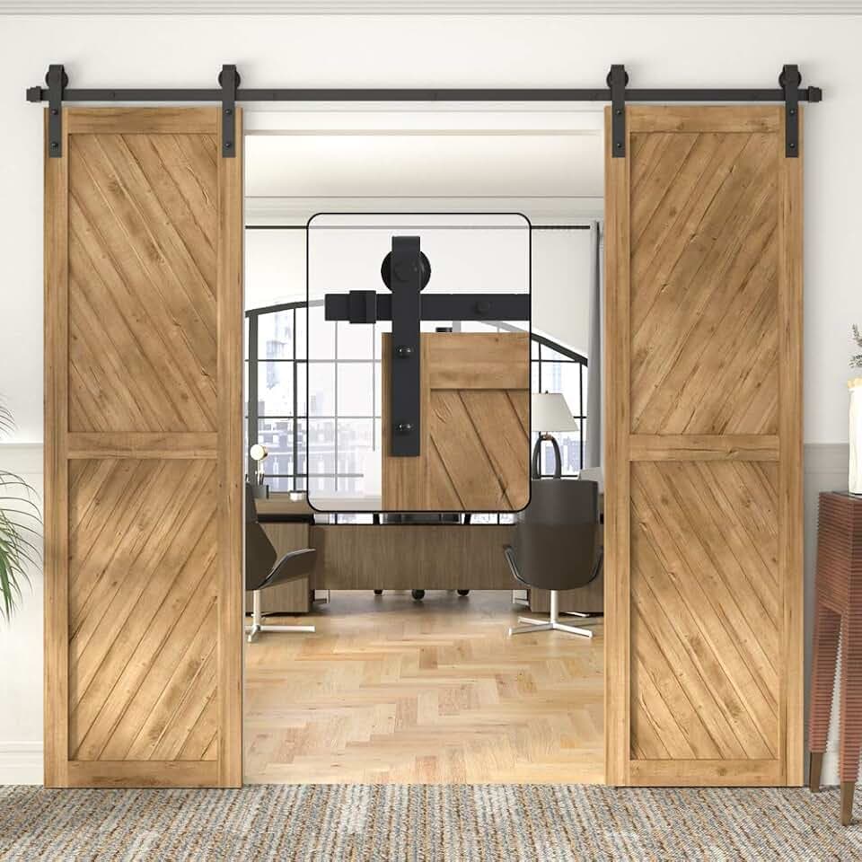 WINSOON 8FT Sliding Barn Door Hardware Kit, Double Doors, J Shape Hangers