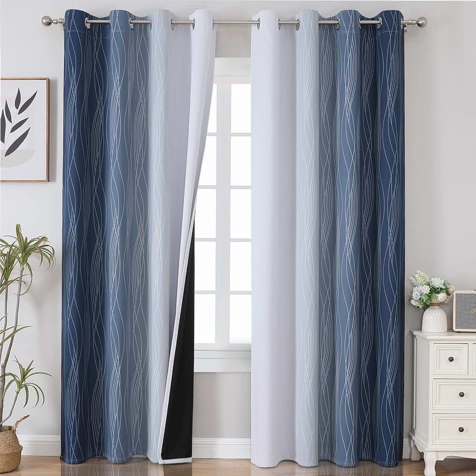 Ombre Farbverlauf Dunkelblau und Weiß Schallschutz Blickdichte Vorhänge Wohnzimmer, Thermovorhang Hitzeschutz Gegen Kälte Gardinen mit Ösen, Raumteiler Vorhang, H 244 x B 132 cm, 2er Set
