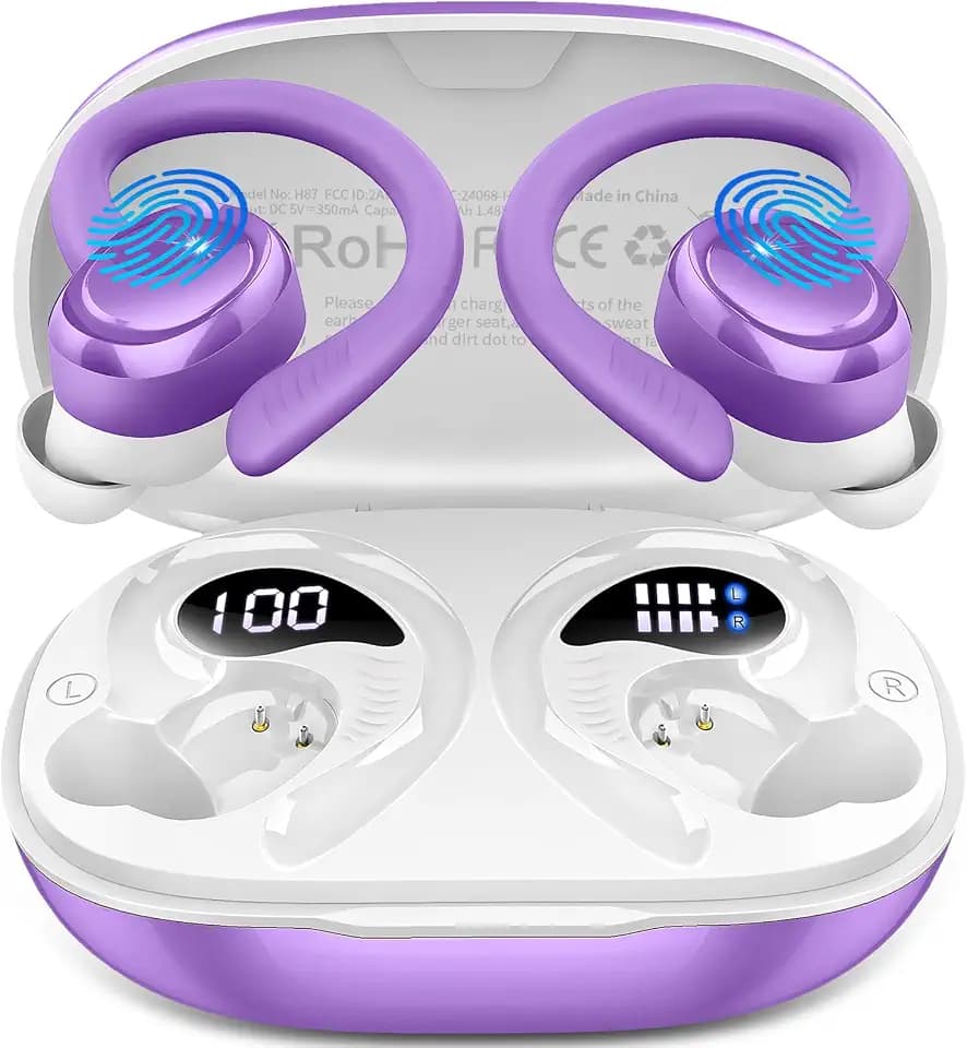 Hupoaf Wireless Earbuds Sport, 2025 Bluetooth 5.4 Headphones with Earhooks, 50H Stereo Deep Bass Over Ear Buds with 4 ENC Noise Canceling Mics, IP7 Waterproof Earphones for Running Workout Gym -Purple