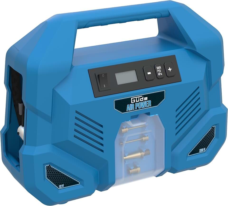 Güde Kompressor Airpower Dual Drive 12/230V/5-tlg. (150 W, max. 8 bar, 20 l/min eff. Liefermenge, öl- und wartungsfrei, 12 Volt & 230 Volt Anschluss, LCD-Display, 0,6 m Druckluftschlauch & Zubehör)