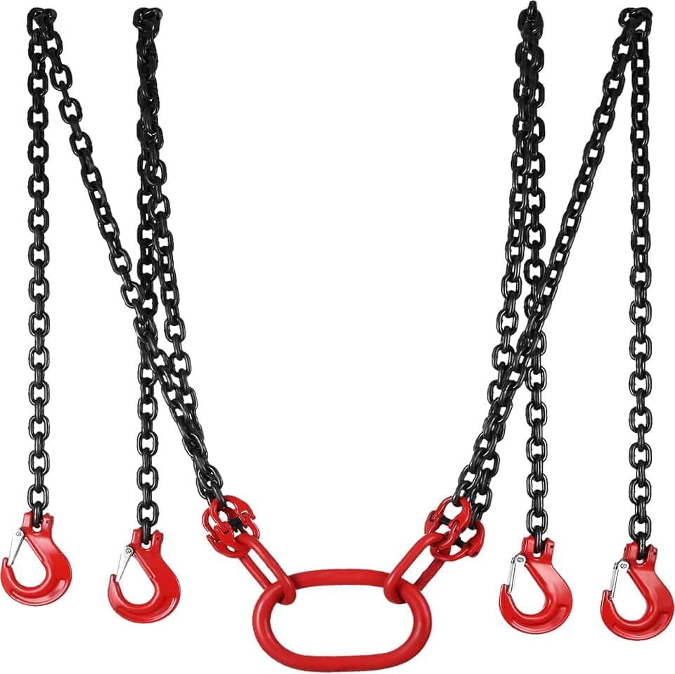 Happybuy 10FT Chain Sling 5/16 Inch X 10 FT Engine Lift Chain G80 Alloy Steel Engine Chain Hoist Lifts 3 Ton with 4 Leg Grab Hooks Used in Mining, Machinery, Ports, Building