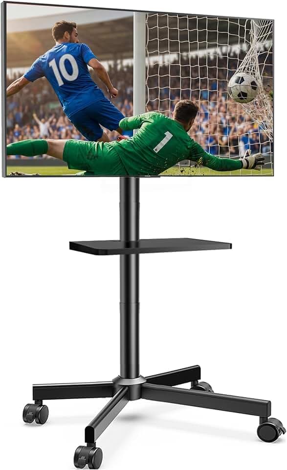 AOKCOS TV Ständer Rollbar für 32-65 Zoll Fernseher, TV Wagen mit Tablett, Fernsehständer Höhenverstellbar, Mobiler TV Standfuss mit Rollen, TV Rollwagen bis 40kg, Max. VESA 400x400mm
