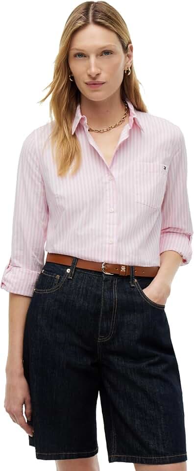 Tommy Hilfiger Women's Cotton Poplin Long Sleeve Button Down Shirt in Regular Fit with Roll Up Sleeve