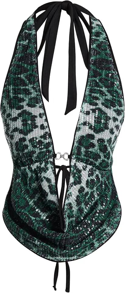 Verdusa Women's Y2K Sequin Cheetah Print Top Halter Going Out Outfits