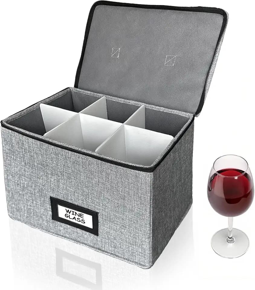 HURZMORO Wine Glass Storage Box with Dividers, Holds 6 Red or White Wine Glasses, Hard Top and Sides,6 Compartment Stemware Storage Container, Grey