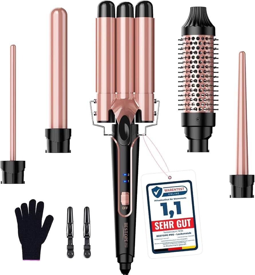 BESTOPE PRO Lockenstab, 5 in 1 Lockenstäbe Set mit Glätteisen, Thermobürste, 3 Keramische Lockeneisen (9mm- 25mm) für Große Locken, 13 Temperaturen, Hair Curler mit Hitzebest.Matte, Handschuh, Klammer