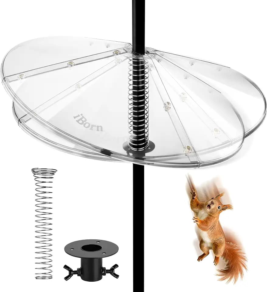iBorn Spring Squirrel Baffle for Bird Feeder Pole, 19.6” Oversized Spring Squirrel Guard Defender, Bird Feeder for Outdoors Protector, Metal Spring & Buckle, Polycarbonate(PC) Baffle, Pack of 1,Clear