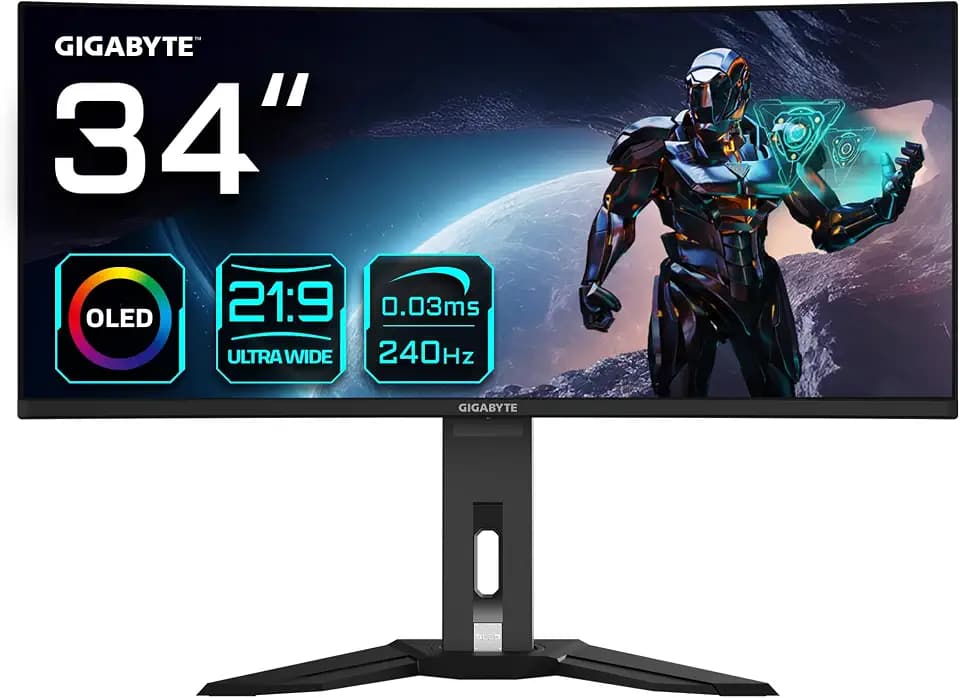 Gigabyte OLED WQHD Curved Gaming Monitor MO34WQC2-34 Zoll, 3440 x 1440, 240Hz, 0,03ms, KVM, 250 cd/m², FreeSync Premium Pro, DisplayHDR True Black 400, HDMI 2.1, Displayport 1.4