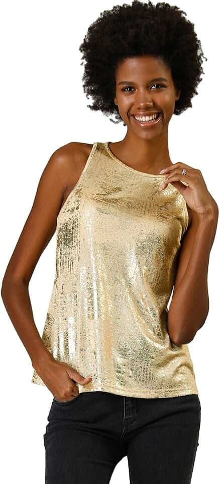 Allegra K Damen Pailletten Oberteil Metallic Glitzer Ärmellos Club Party Camisole Tank-Tops