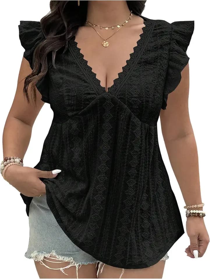 SweatyRocks Women's Plus Size Eyelet Tops Lace V Neck Ruffled Peplum Blouse