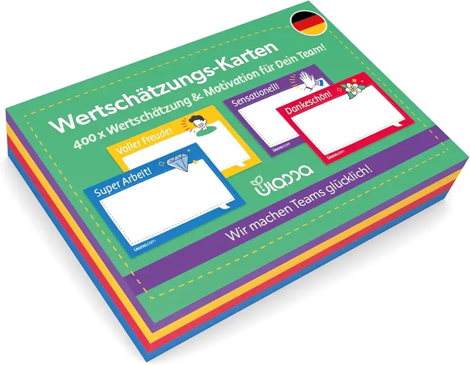 Kudos Karten - 400 Kudo Cards 100x70 mm - DEUTSCHE Version - Wertschätzungs-Kartenset - Karten um Wertschätzung, Lob und Motivation im Team zu steigern - Dankeskarten, Lobkarten