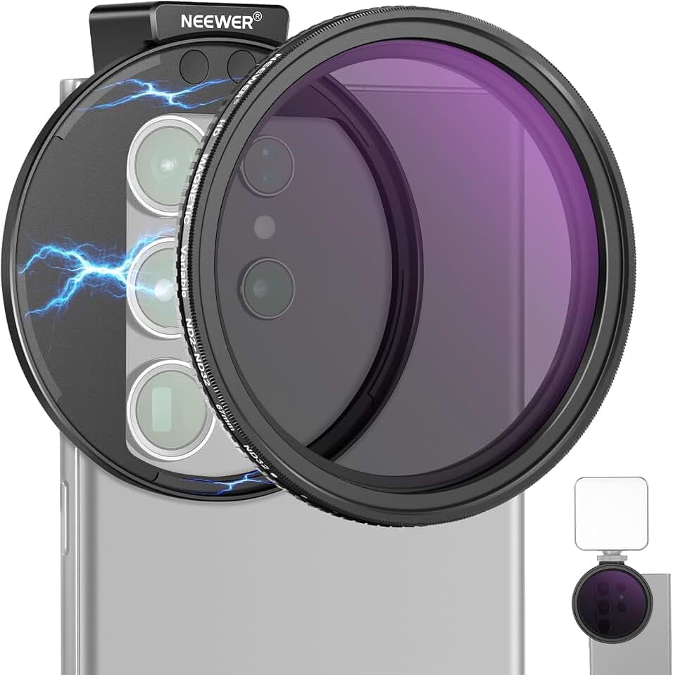 NEEWER 67mm Clip On Variable ND2-ND32 Handy Objektiv Filter Set Telefon Clip mit magnetischem Adapterring/Cold Shoe/Verriegelungsknopf HD Filter für iPhone 16 15 Pro Max 14 13 Galaxy S22 S23 S24 Ultra