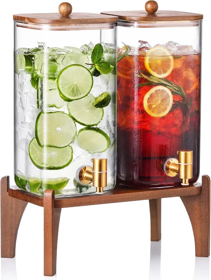 2 Pack 1.5 Gallon Square Glass Drink Dispenser with Wooden Stand & Lid, Large Beverage Dispenser with Stainless Steel Spigot, Juice & Lemonade Dispenser for Parties, Iced Tea, Water, Space-Saving