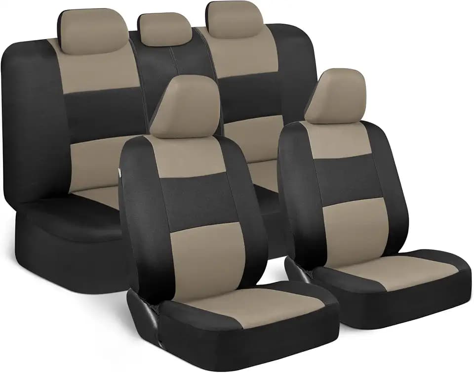 BDK PolyPro Car Seat Covers Full Set in Light Beige on Black, Front and Rear Split Bench Seat Covers for Cars, Easy to Install Car Seats Cover Set and Accessories for Auto Trucks Van SUV - Light Beige