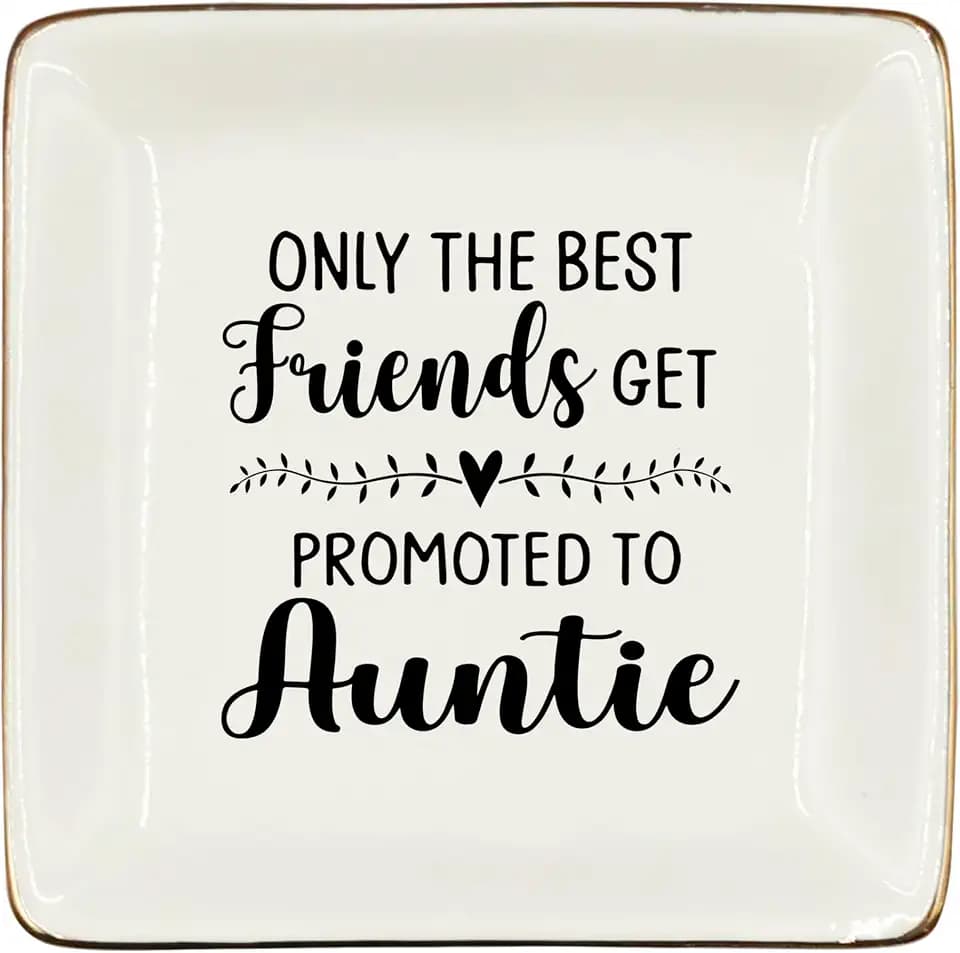 WODMIS Friends Auntie Gifts Ceramic Jewelry Tray Dish, Only The Best Friends Get Promoted To Auntie Jewelry Plate Ring Trinket Dish, Pregnancy Announcement Gifts for New Auntie Friends
