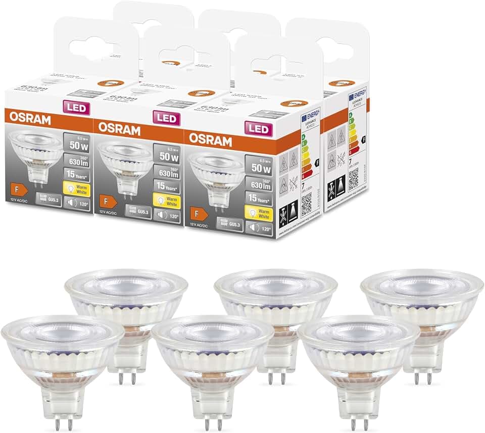 Osram Niedervolt-LED-Reflektorlampen MR16 mit Retrofit-Stecksockel, 50 Watts Ersatz, GU5.3, 2700 Kelvin, Glass, 6-er Pack, Dark Gray, 2700k Warmweiß