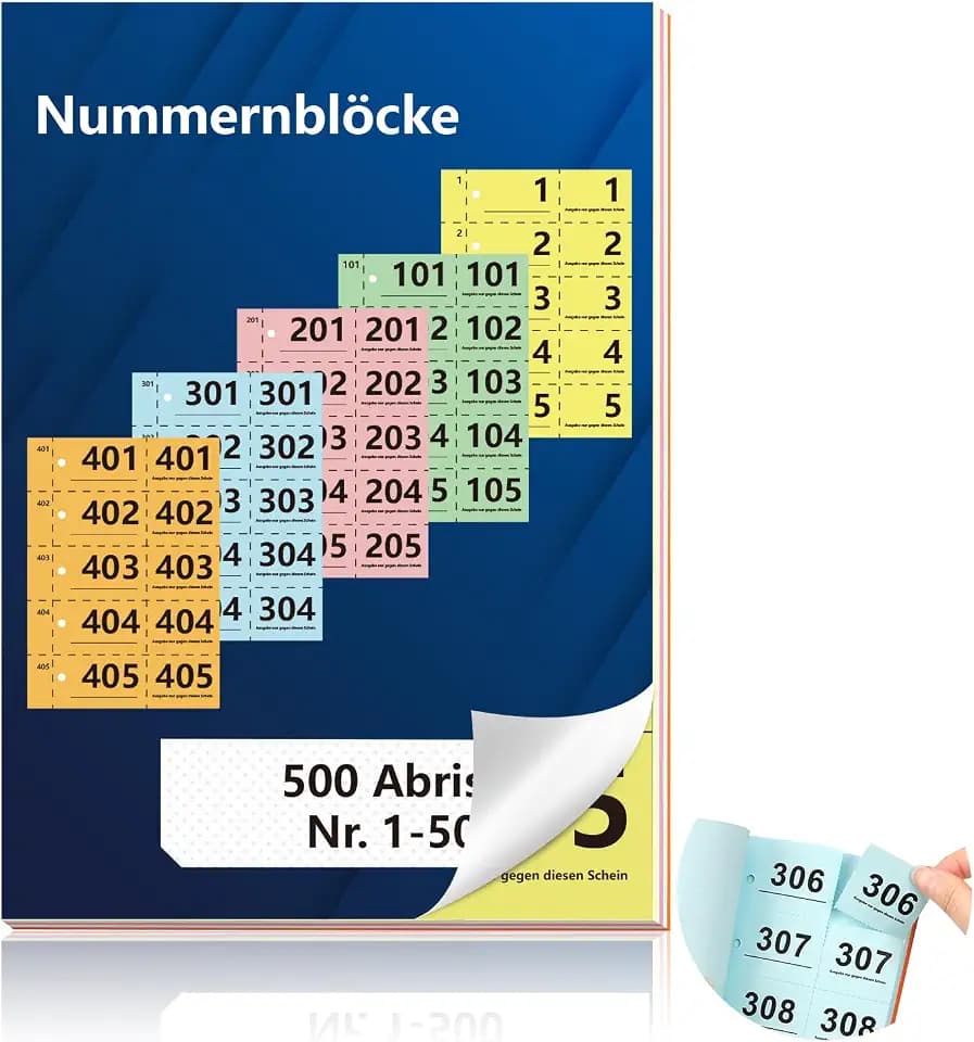Doppelnummern 1-500 Nummern Zahlen 14.8X10.5cm Nummernblock A6 Garderobenmarken Doppelnummern mit Loch Nummernblöcke Tombola Lose Tombola Nummeriert Doppelnummernblock Rot Orange Gelb Grün Blau