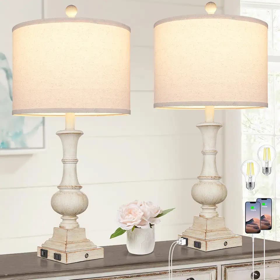 26" Farmhouse Table Lamps, Table Lamps For Living Room Set of 2 with USB A+C Ports & AC Outlet, Vintage Rustic Touch Control 3-Way Dimmable Boho Nightstand Lamp White Washed Resin for Bedroom Deocr