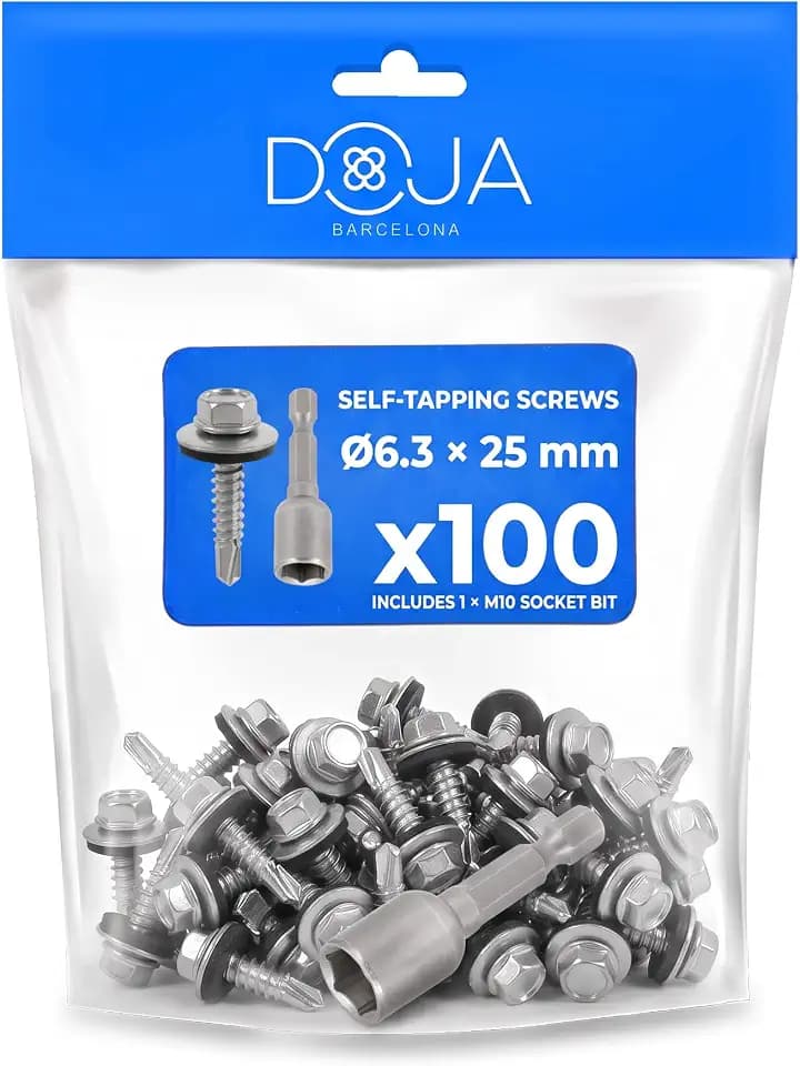 DOJA Industrial | Sechskant Bohrschrauben 6,3x25 + Magnet-Bohrbuchse Innensechskant M10 | PACK 100 Selbstschneidende Schrauben+1 Sechskant Bit Steckschlusselsatz | Blechschrauben ohne Dichtscheibe