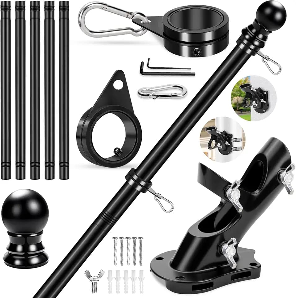 REERON Flag Pole Kit for House, 6 FT Stainless Steel Spinning Flag Pole, 1" Rustproof Porch Flagpole with 360° Metal Anti-wrap Flagpole Rings & 2-Position Bracket for Outdoor Home Sport for 3x5 Flags