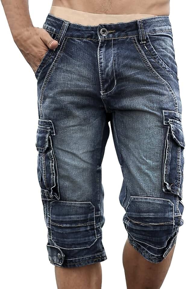 Idopy Men`s Cargo Denim Biker Jeans Shorts with Zippers
