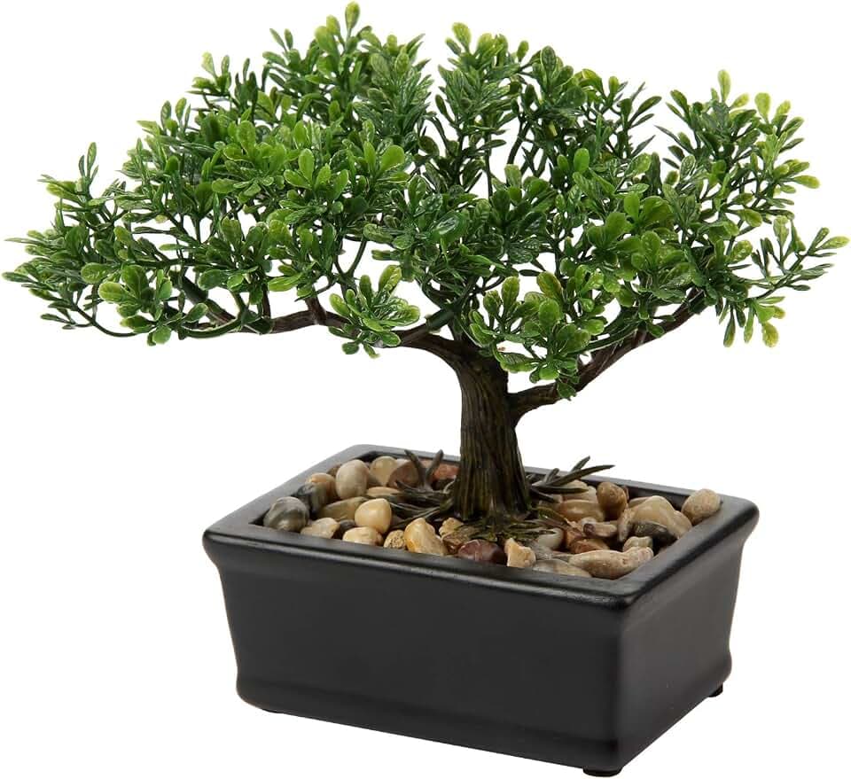 Briful Kunstbonsai Naturgetreue Künstliche Pflanze Kunstbaum Bonsai Zeder Kiefer Podocarpus Plastik Pflanze Kunstpflanze mit Keramik-Übertopf in Schwarz für Baddeko Desktop Büro Fensterbank