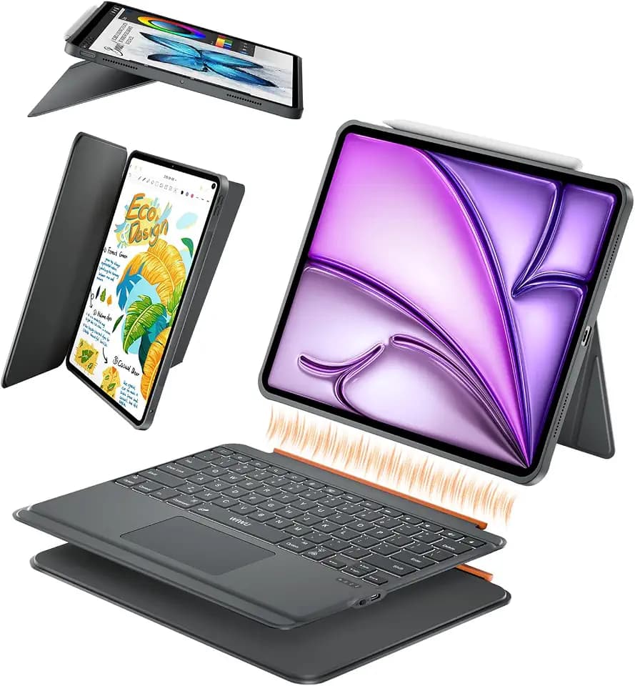 WIWU Keyboard Case for iPad Air 13 Inch M4/M3/M2 Pro 12.9 Magnetic Detachable Keyboard Case Adjustable Stand Colours Backlit Keys with Trackpad (Grey, for Air 13"(M3/M2) Pro 12.9" 6/5/4/3)