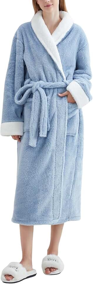 Women's Robe Plush Fleece Bathrobe Long Fluffy Robe Soft Cozy Loungewear