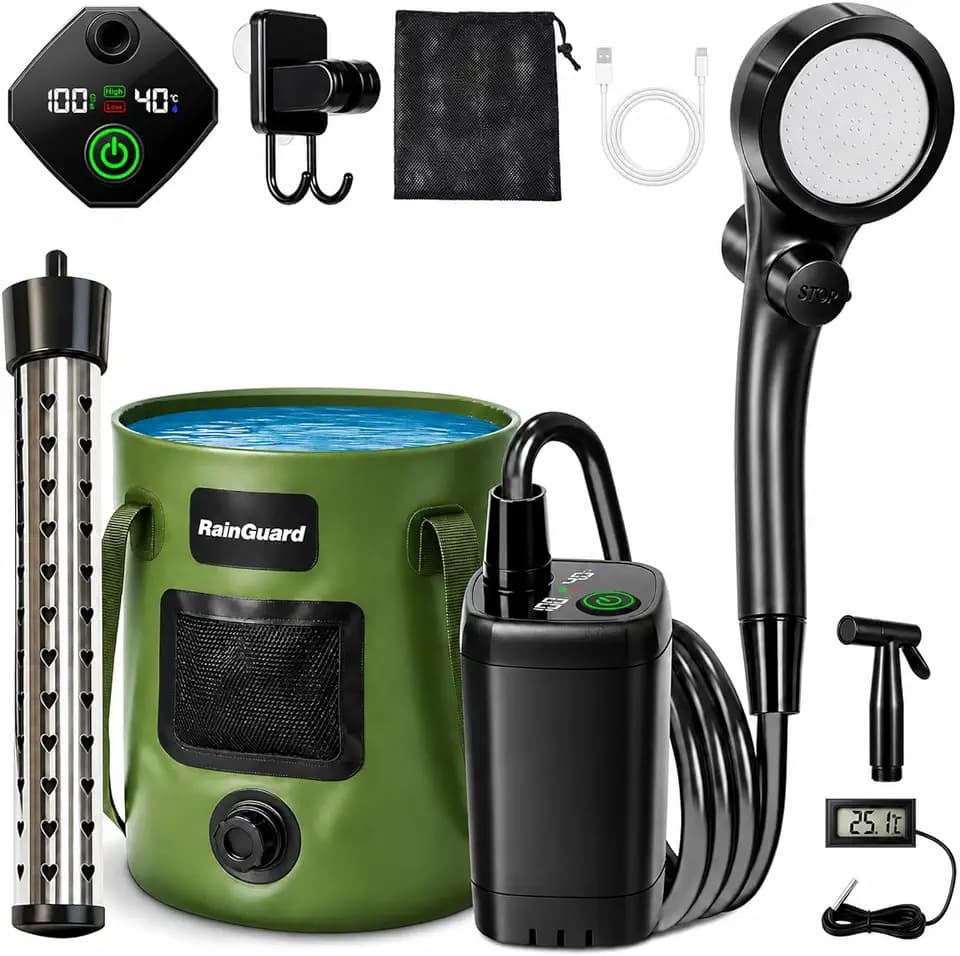 [2026 Upgraded Built-in Water Pump] Rechargeable Filtered Shower Head, Portable Camping Shower with Foldable Bucket, LED Light Camp Shower for Car Wash, Pet Bathing, Outdoor Travel & Watering Plants