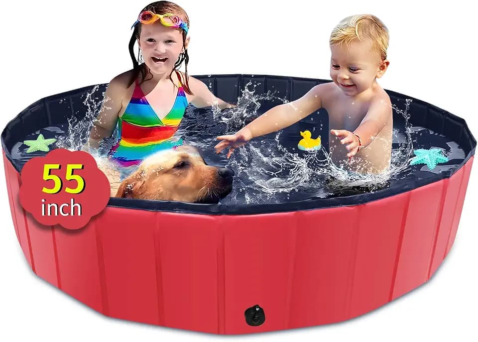 CACSPS Foldable Dog Pool, 55" x 12" Kiddie Pool with Hard Plastic, Non-Slip Dog Bath Tub for Outdoor Backyard, Collapsible Dog Swimming Pool for Kids Dogs Pets (Red)