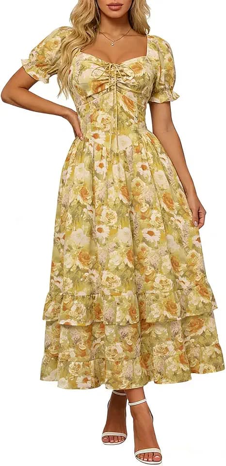 SCARLET DARKNESS Damen Viktorianisches Blumenkleid Kurzarm Rüschensaum Sommer Lang Kleider