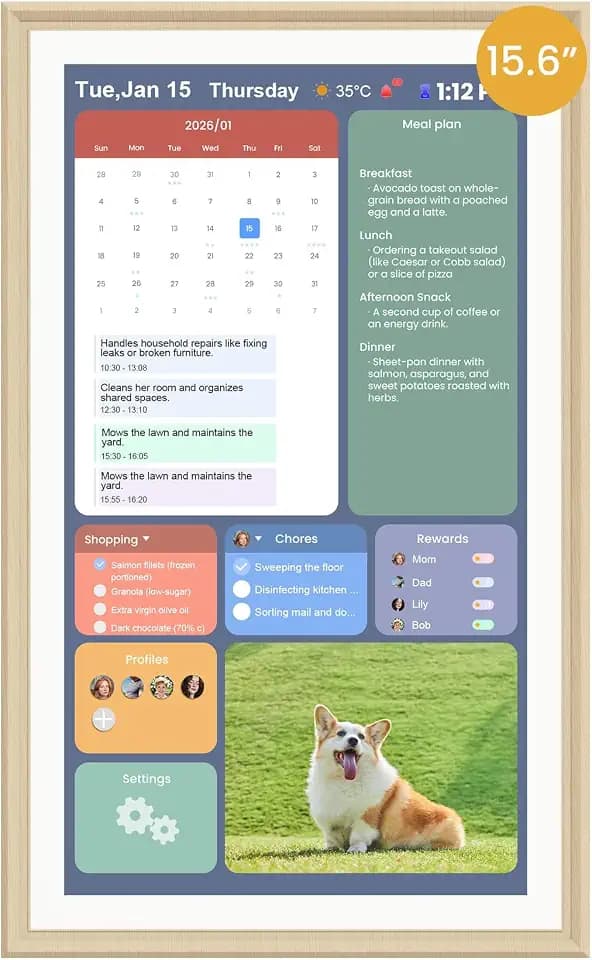 15.6-Inch Smart Digital Calendar & Photo Frame for Family, Wall Planner with Light Wood Frame, Auto-Sync to Apple, Google & Outlook, Touchscreen Display with Chore Chart, To-Do Lists & Meal Planner, No Subscription
