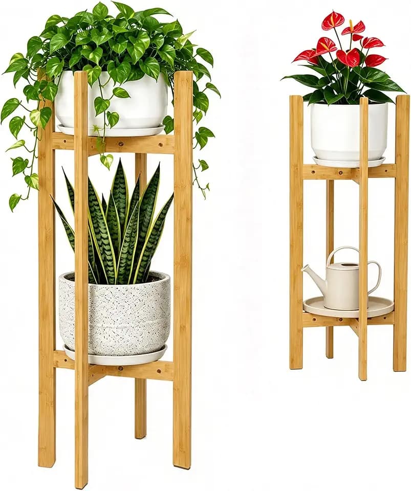 35.4” 2 Tier Bamboo Adjustable Tall Plant Stand Indoor Fits 5-12 Inch Pots