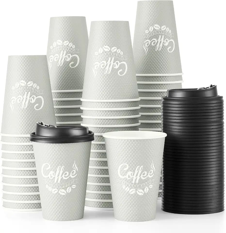 Tamone 100 Pack 12 oz Disposable Coffee Cups with Lids, Insulated Ripple Double-Walled Paper Coffee Cups for Hot Beverages, Cold/Hot Drinking To Go Coffee Cups with Lids for Parties and Travel (Grey)