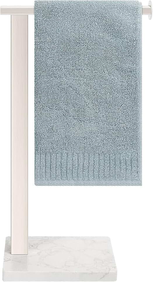 Hand Towel Holder Stand, 14.5" Hand Towel Rack with Weighted Marble Base, 304 Stainless Steel L-Shape Standing Towel Bar for Vanity Bathroom Kitchen Countertop (Brushed Nickel)