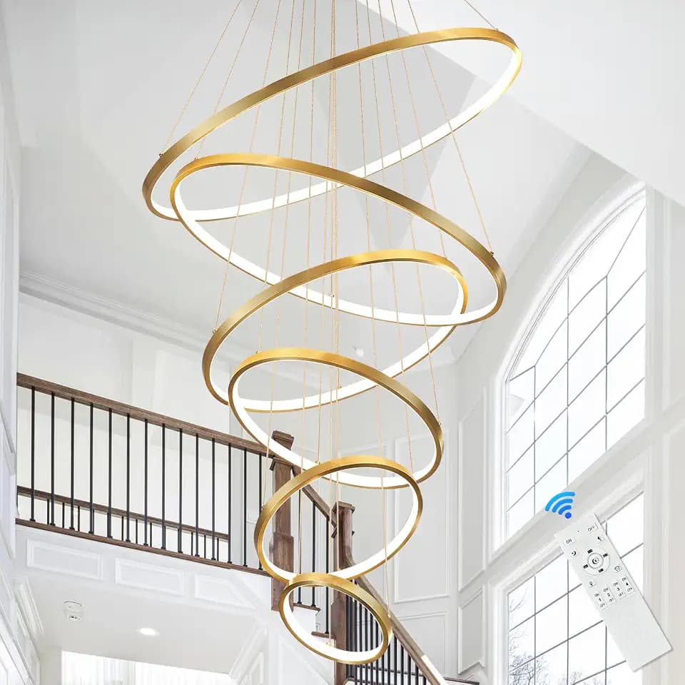 Modern 31" Big LED Chandeliers for High Ceiling 6 Rings Gold Chandeliers with Remote Control Dimmable Large Contemporary Ceiling Pendant Light for Foyer Living Room 3000K-6000K Selectable