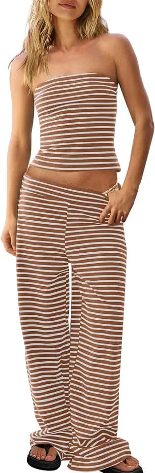 Panadila Womens Striped Lounge Set Tube Top and Pant Set