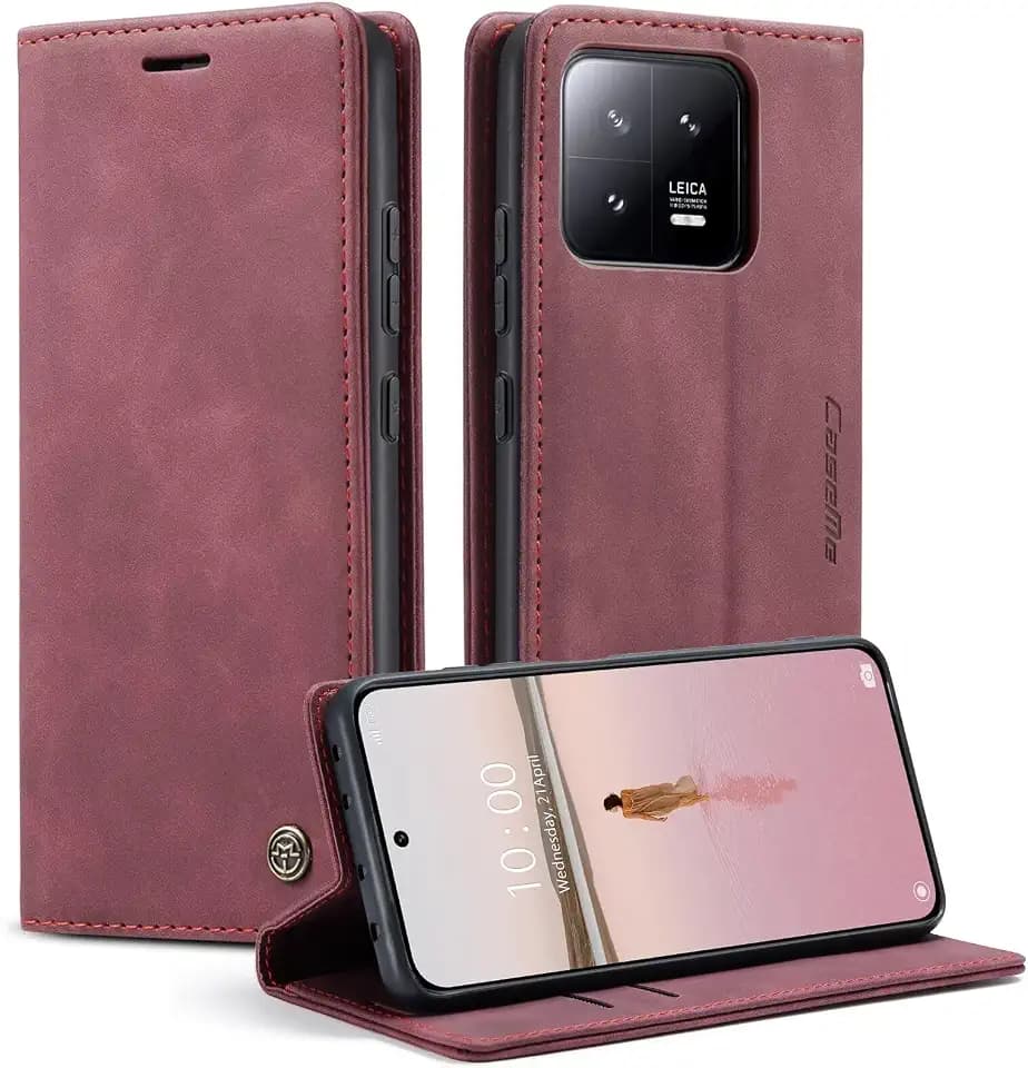 SLWYF Handyhülle für Xiaomi 13 Hülle +2 Stück Panzerglas Schutzfolie, Premium Leder Brieftasche Schutzhülle [Kartenfach][Stand] für Xiaomi 13,Rot