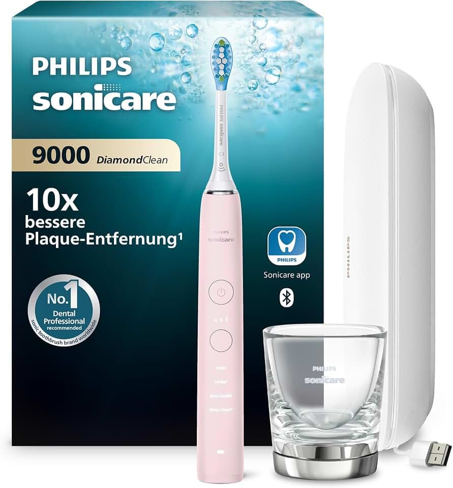 Philips Sonicare DiamondClean 9000 elektrische Zahnbürste, Schallzahnbürste mit App, Andruckkontrolle, 4 Putzmodi, 3 Intensitätsstufen, Ladeglas und USB-Transporttasche, Rosa, Modell HX9911/29